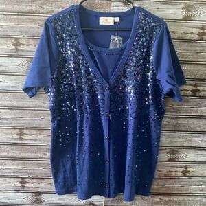 Quacker Factory Women's Short-Sleeved Top Sz L Blue‎ Button Layered Sequins NWOT